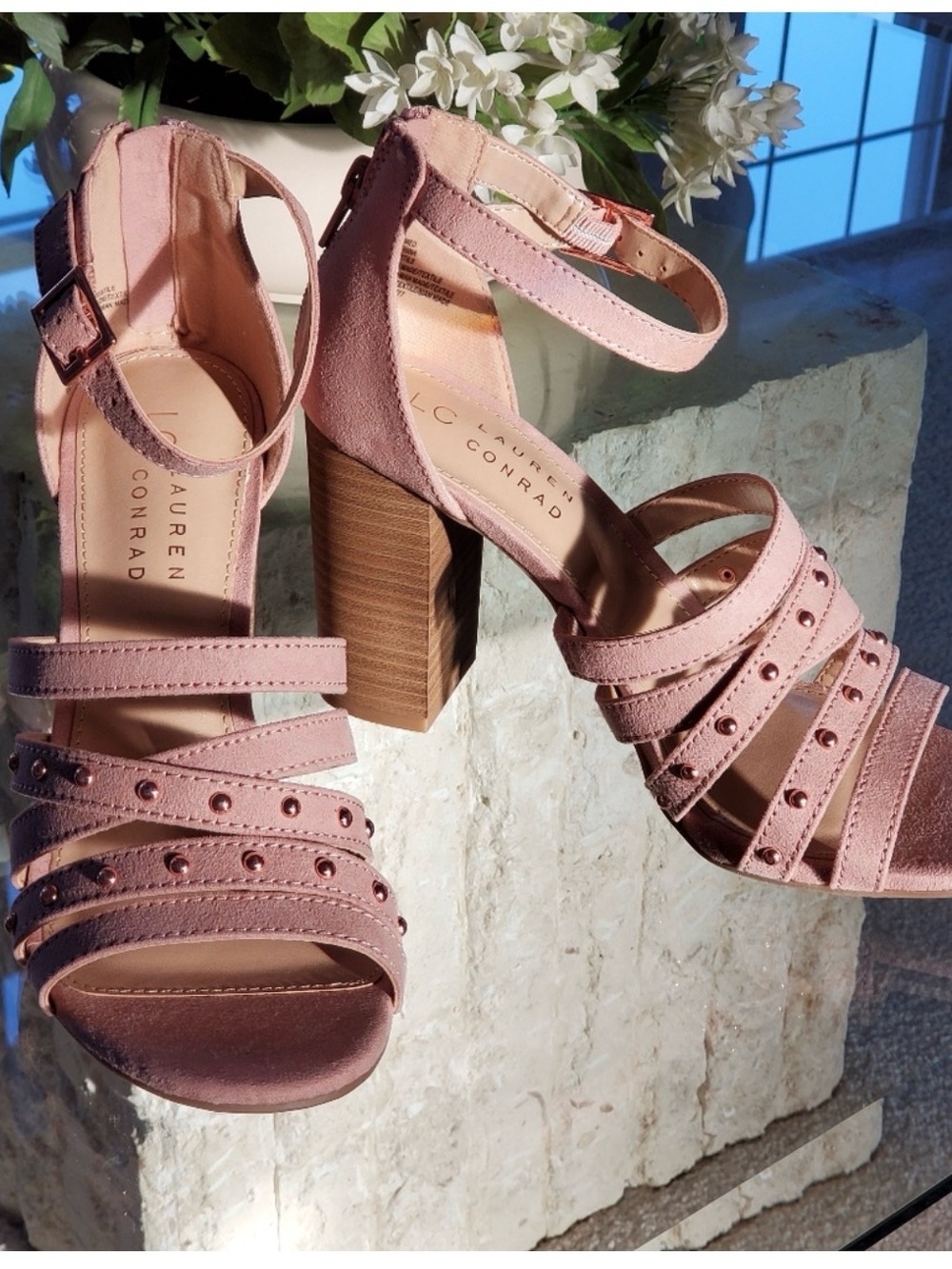 LC Lauren Conrad Blush Pink Suede Studded Block Heel Sandals